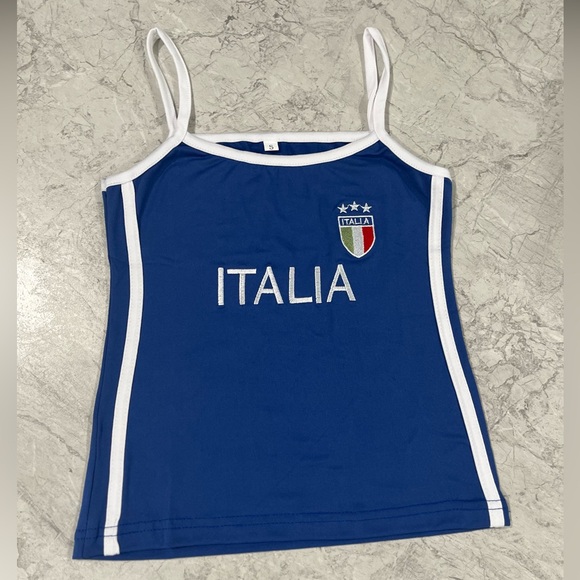 Italia Tops - ITALIA Italy Blue & White Embroidered Cropped Baby Tee Slim Petite Tank Tops